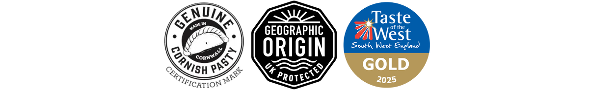 Three circular certification and award badges on a white background: a Genuine Cornish Pasty logo, a Geographic Origin UK Protected logo, and a Taste of West Gold 2025 award badge.